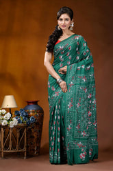Deep sea green silk kantha stitch saree - hand embroidered floral design woman wears vibrant emerald green 1