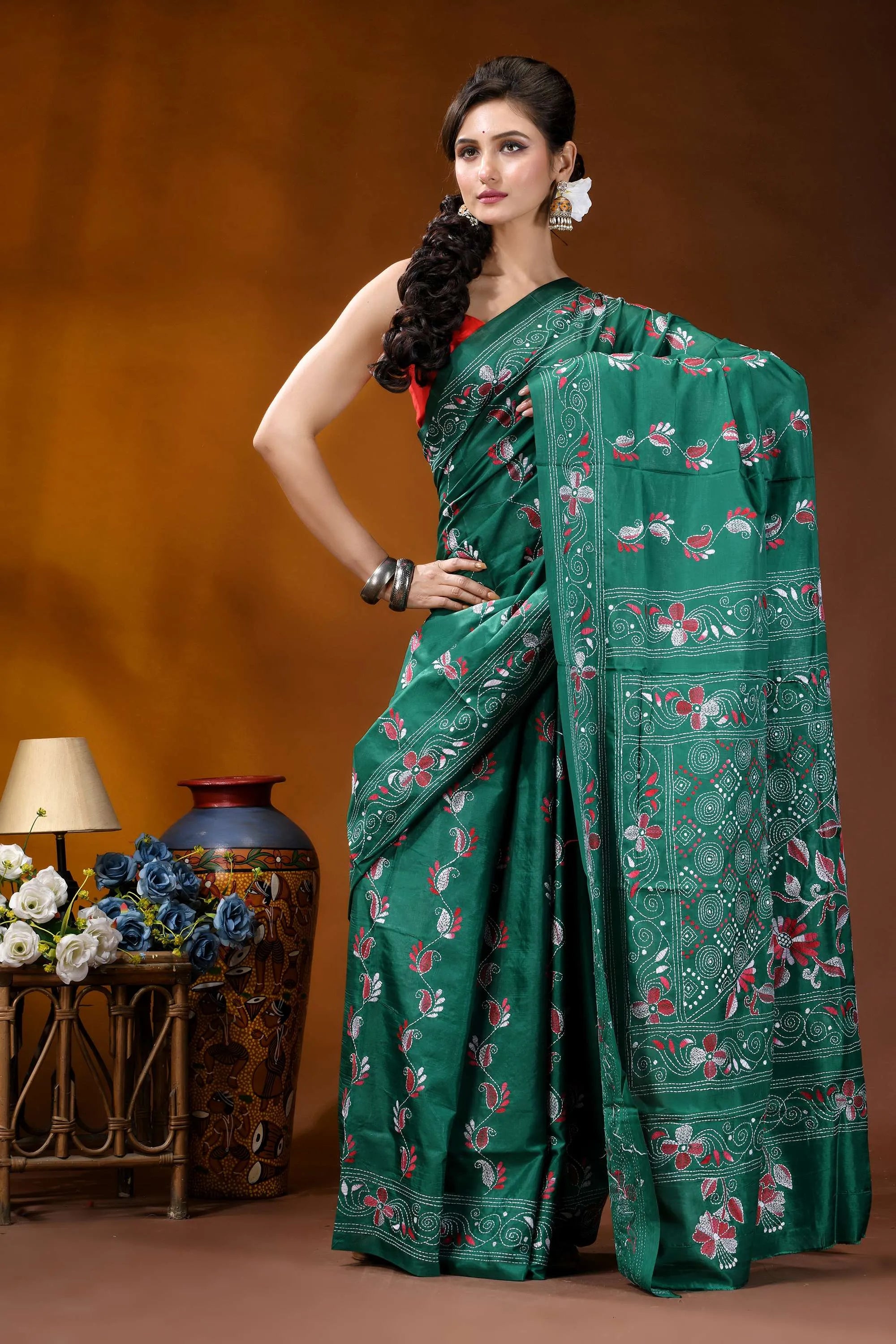 Deep sea green silk kantha stitch saree - hand embroidered floral design emerald green silk saree intricate 4