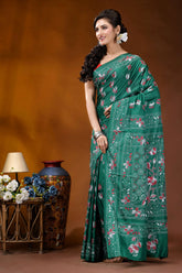 Deep sea green silk kantha stitch saree - hand embroidered floral design woman wears vibrant green saree 3