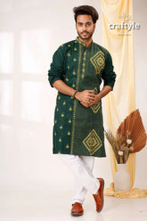 Deep teal green and yellow kantha stitch cotton kurta for men embroidered intricate 1