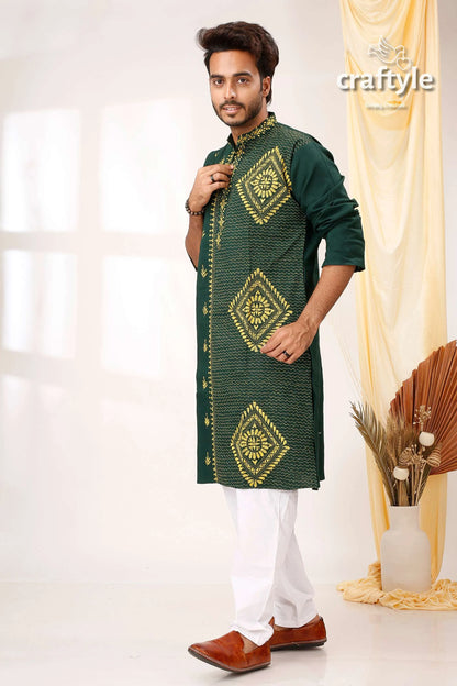 Deep teal green and yellow kantha stitch cotton kurta for men dark intricate gold 3