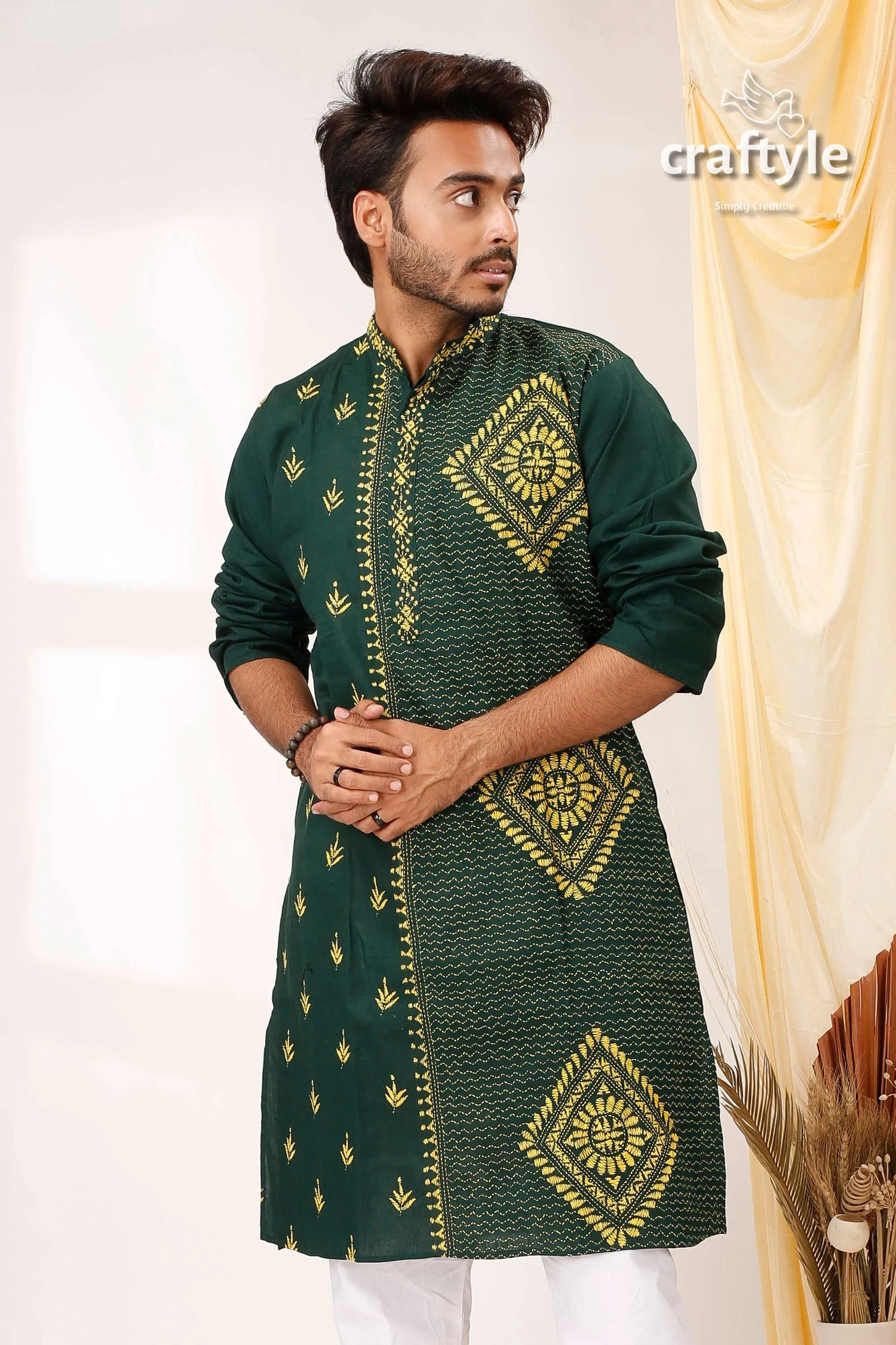 Deep teal green and yellow kantha stitch cotton kurta for men dark intricate gold 2