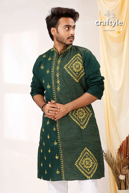 Deep teal green and yellow kantha stitch cotton kurta for men dark intricate gold 2