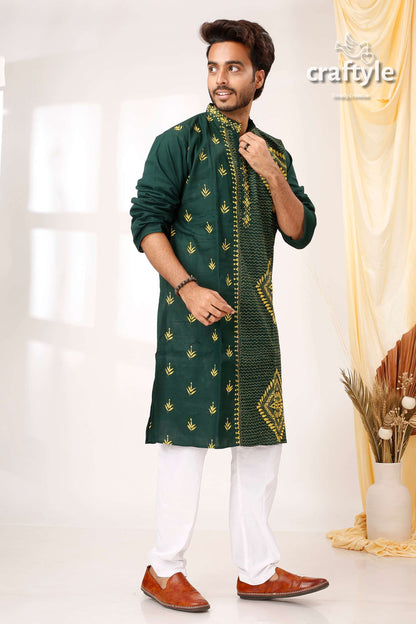 Deep teal green and Yellow Kantha Stitch Cotton Kurta for Men - Craftyle