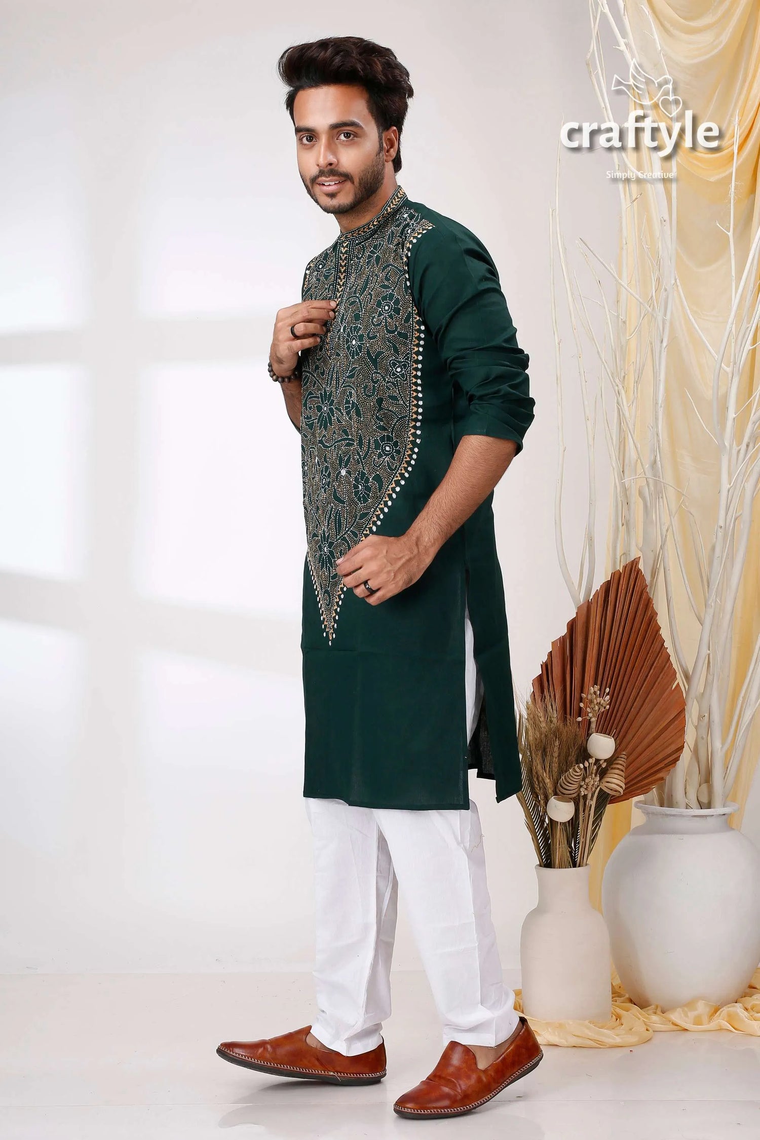 Deep teal green hand kantha embroidered mens cotton kurta dark intricate 3