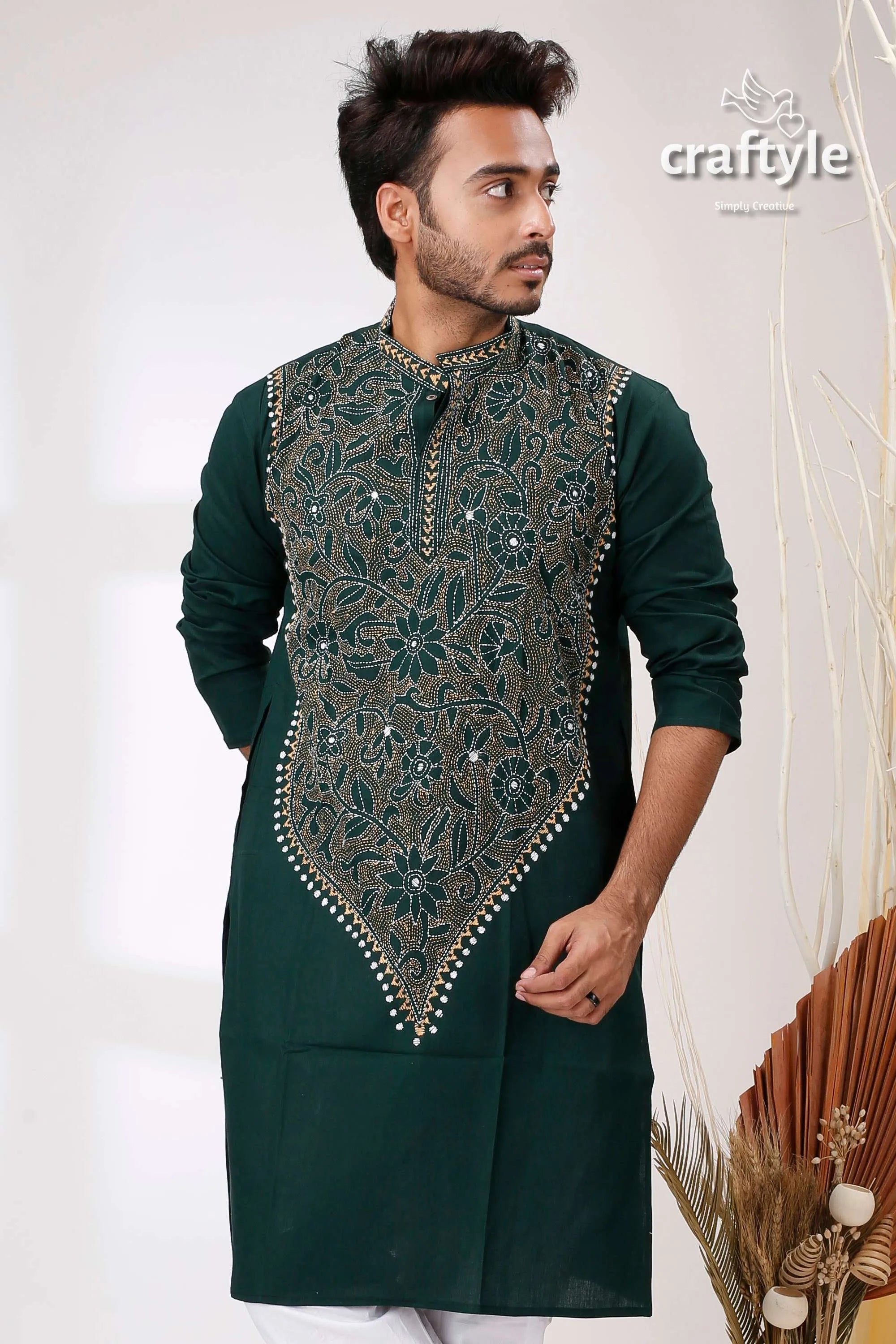Deep teal green hand kantha embroidered mens cotton kurta dark intricate 2