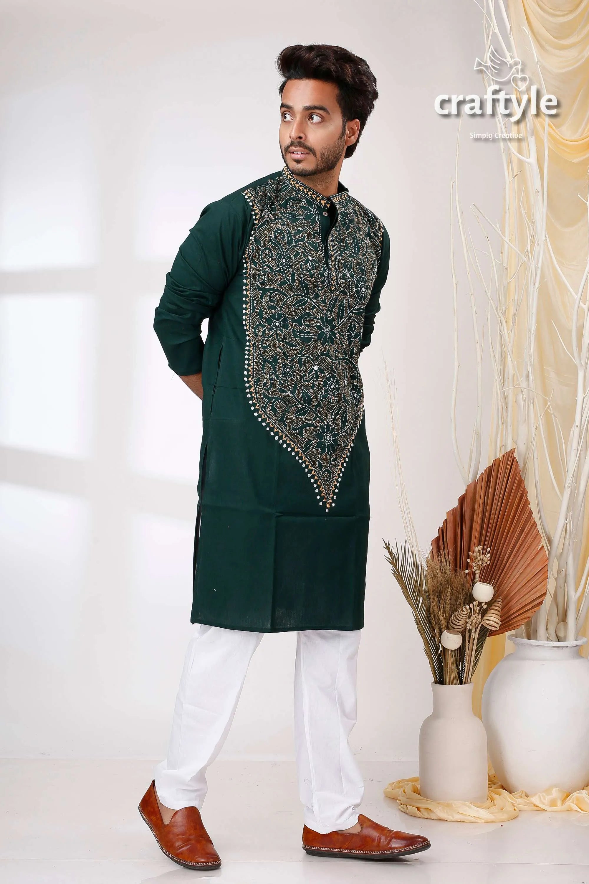 Deep teal green hand kantha embroidered mens cotton kurta dark intricate 4