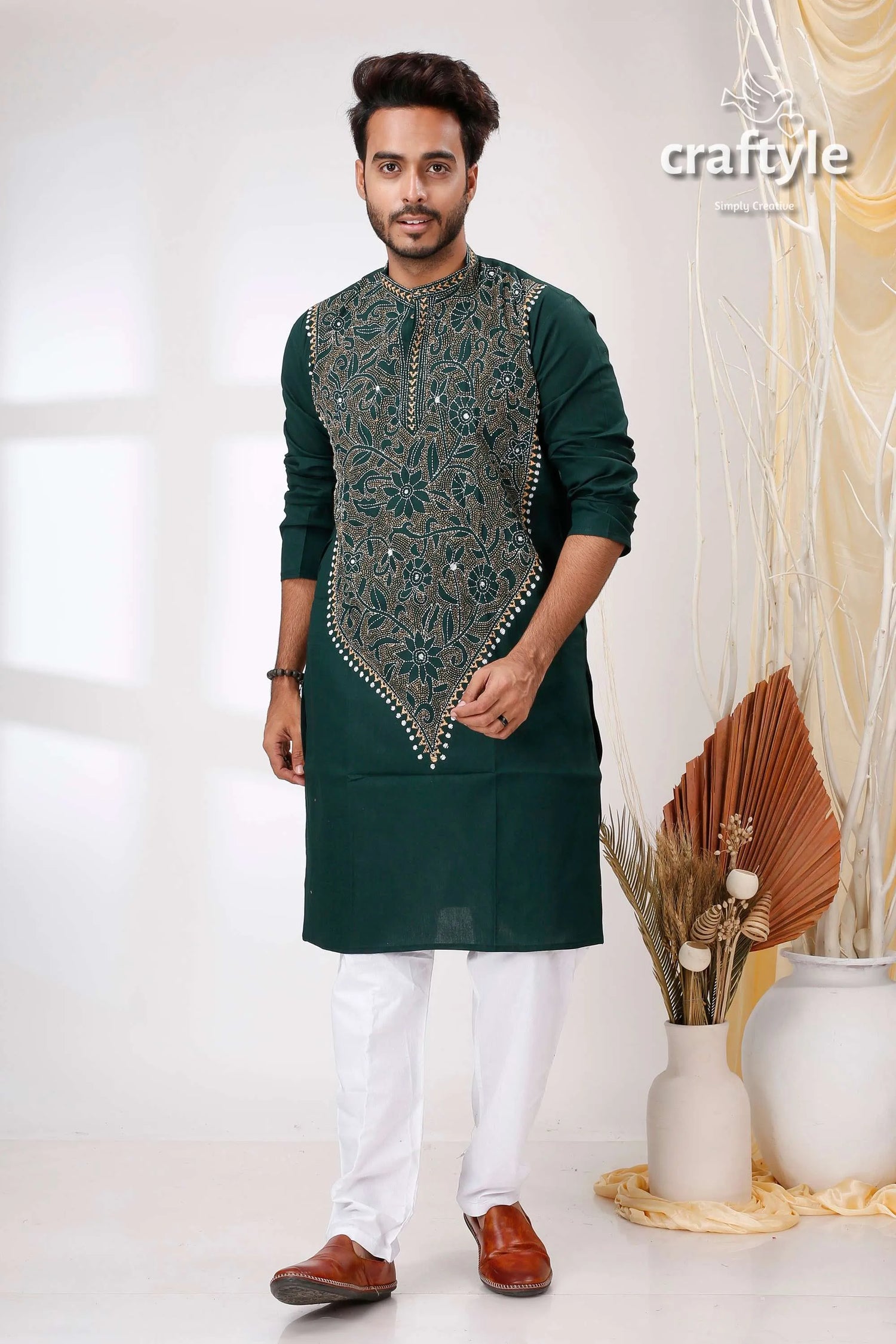 Deep teal green hand kantha embroidered mens cotton kurta dark intricate 1