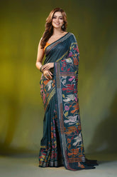 Deep teal kantha silk saree with handcrafted bird and floral motif 6