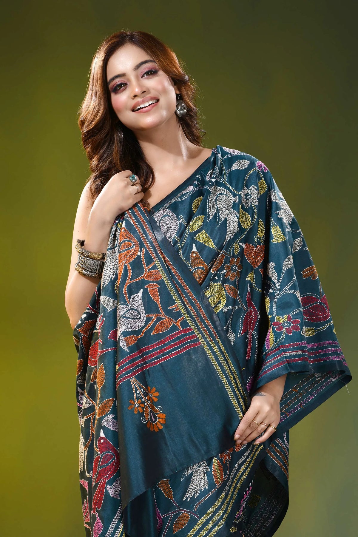 Deep teal kantha silk saree with handcrafted bird and floral motif 2