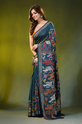 Deep teal kantha silk saree with handcrafted bird and floral motif 3