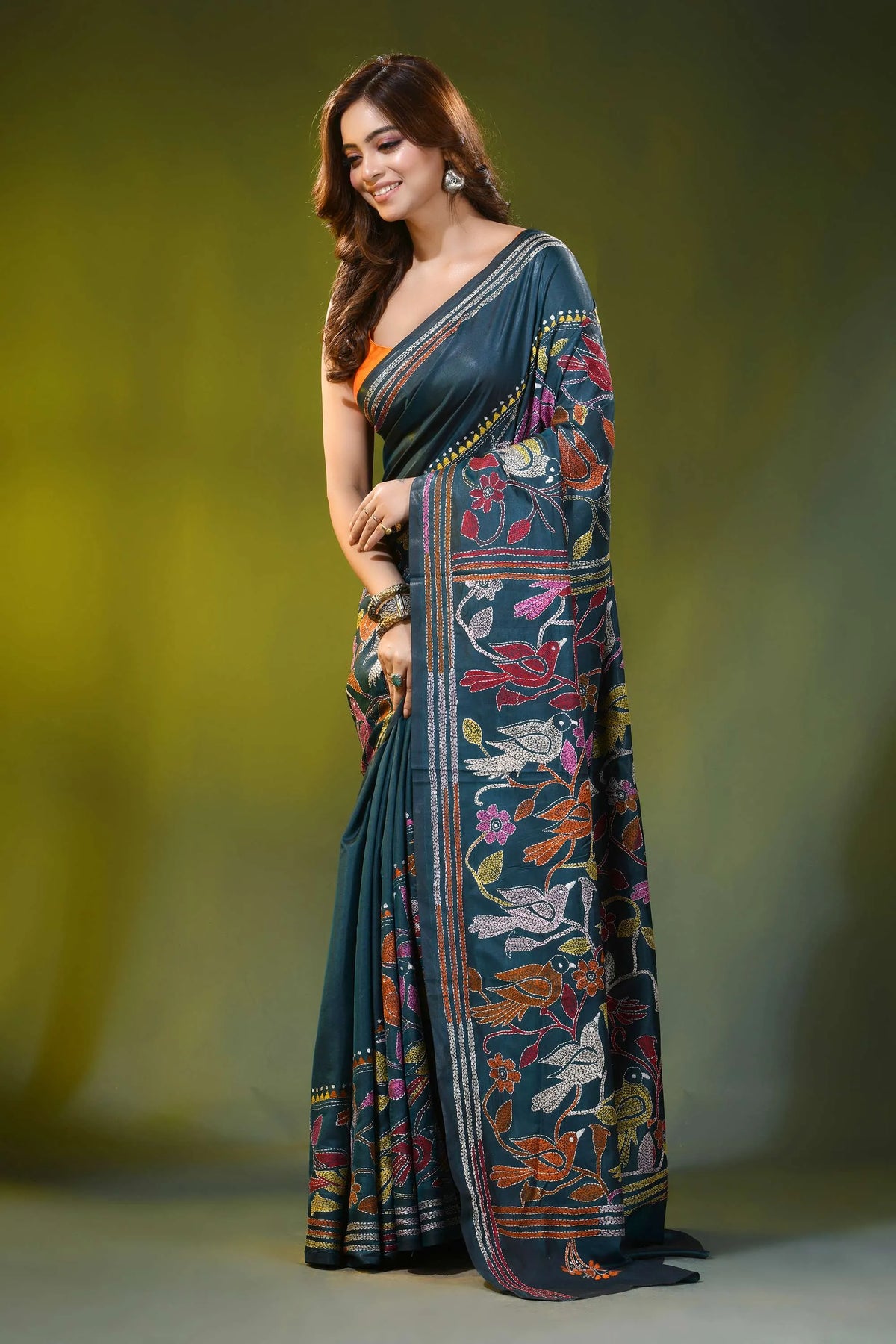 Deep teal kantha silk saree with handcrafted bird and floral motif 3