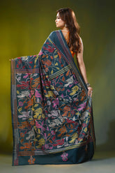Deep teal kantha silk saree with handcrafted bird and floral motif 5