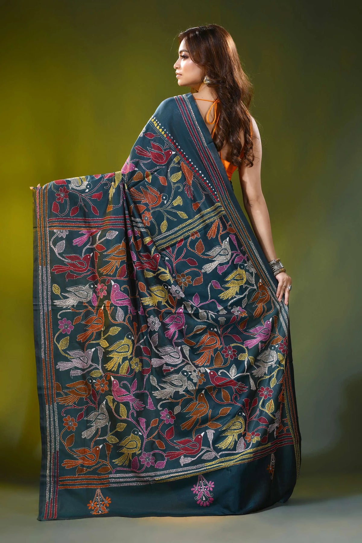 Deep teal kantha silk saree with handcrafted bird and floral motif 5