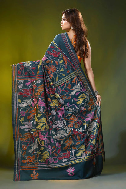 Deep teal kantha silk saree with handcrafted bird and floral motif 5