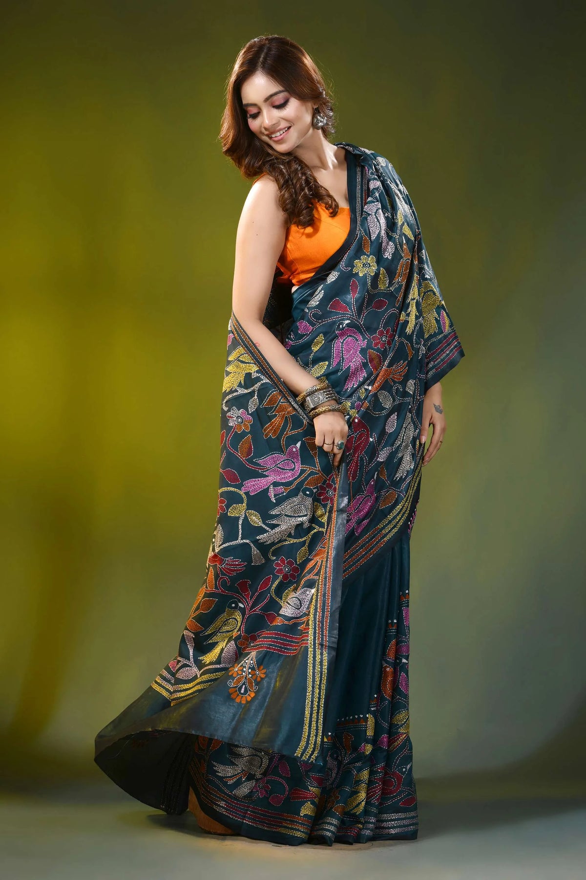 Deep teal kantha silk saree with handcrafted bird and floral motif 4