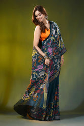 Deep teal kantha silk saree with handcrafted bird and floral motif 4