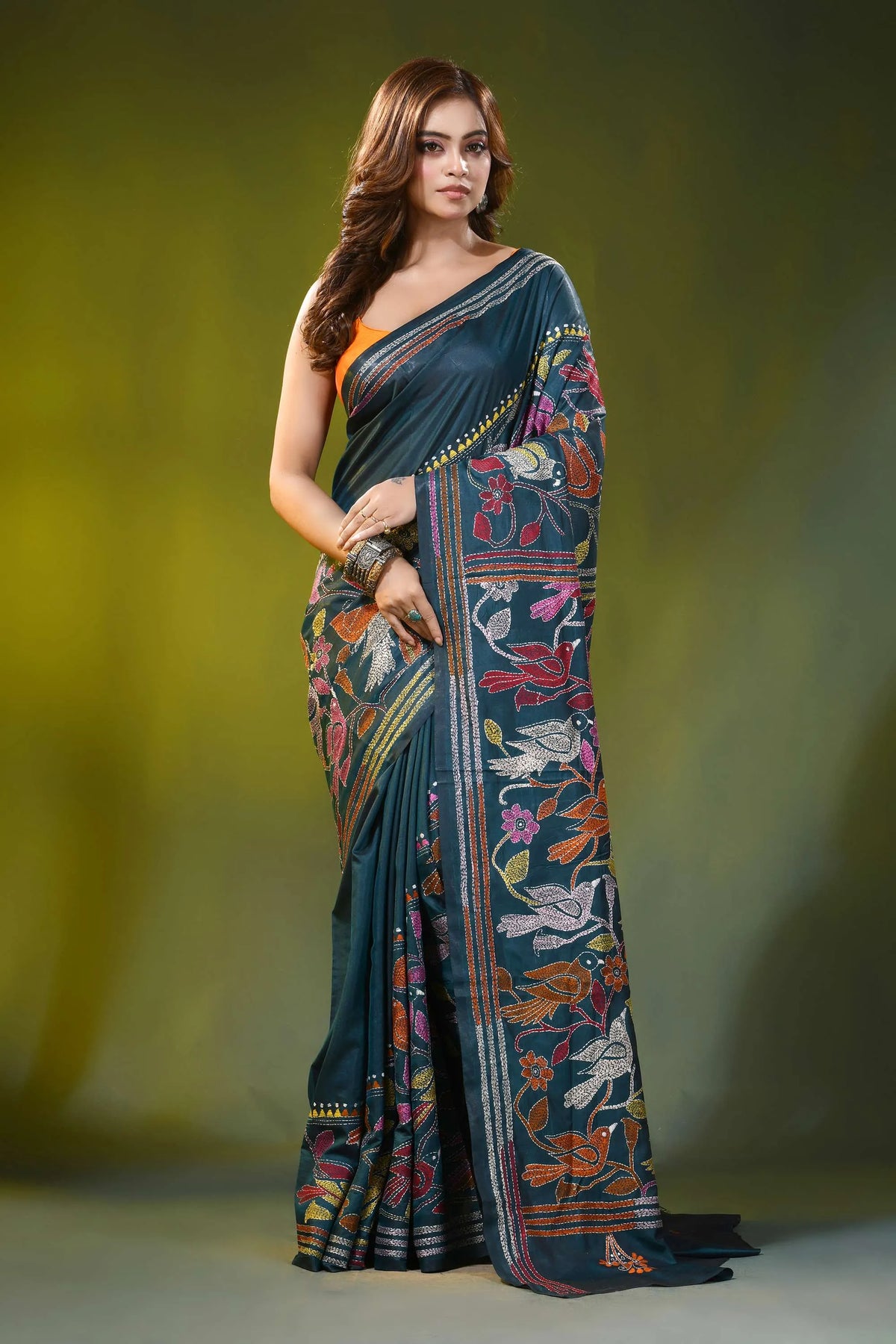 Deep teal kantha silk saree with handcrafted bird and floral motif 1