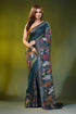 Deep teal kantha silk saree with handcrafted bird and floral motif 1