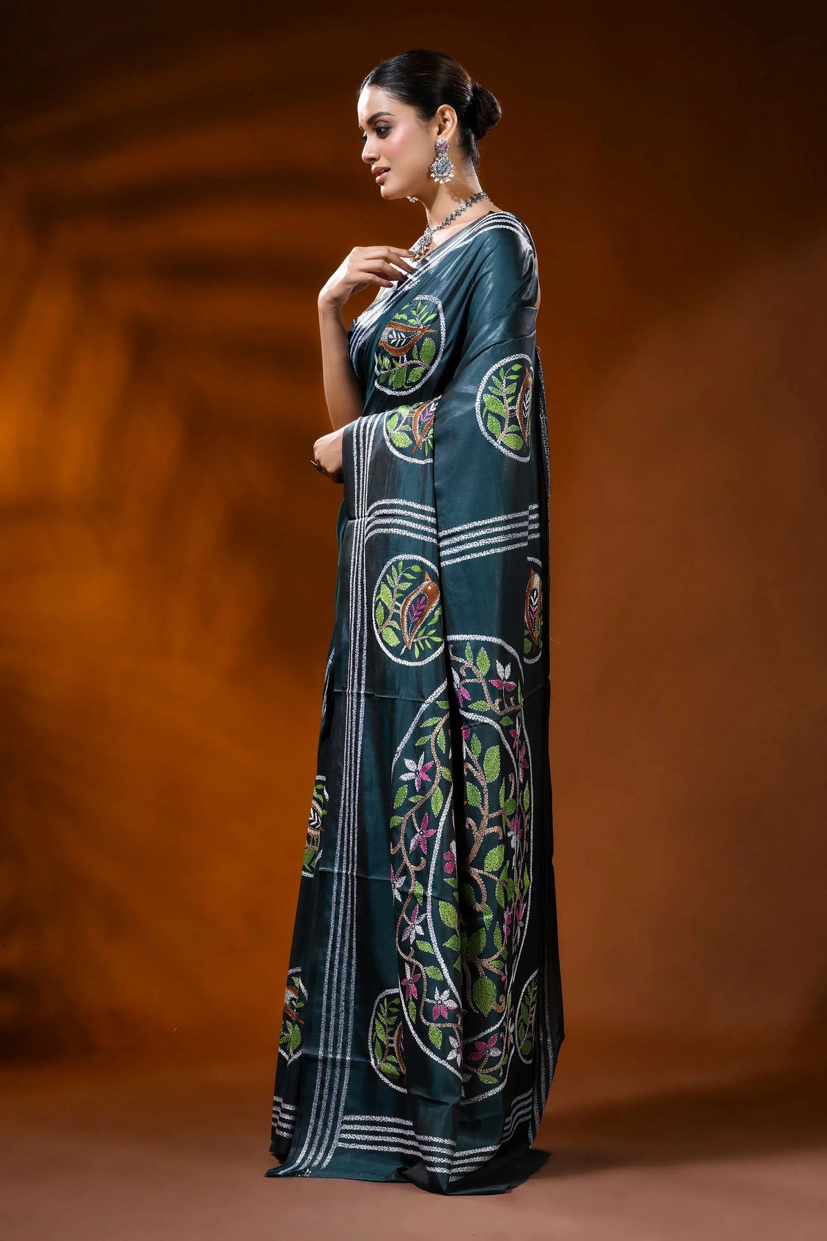 Deep teal silk kantha work saree with handcrafted bird nature motif 3