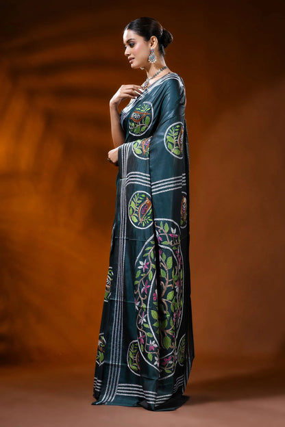 Deep teal silk kantha work saree with handcrafted bird nature motif 3