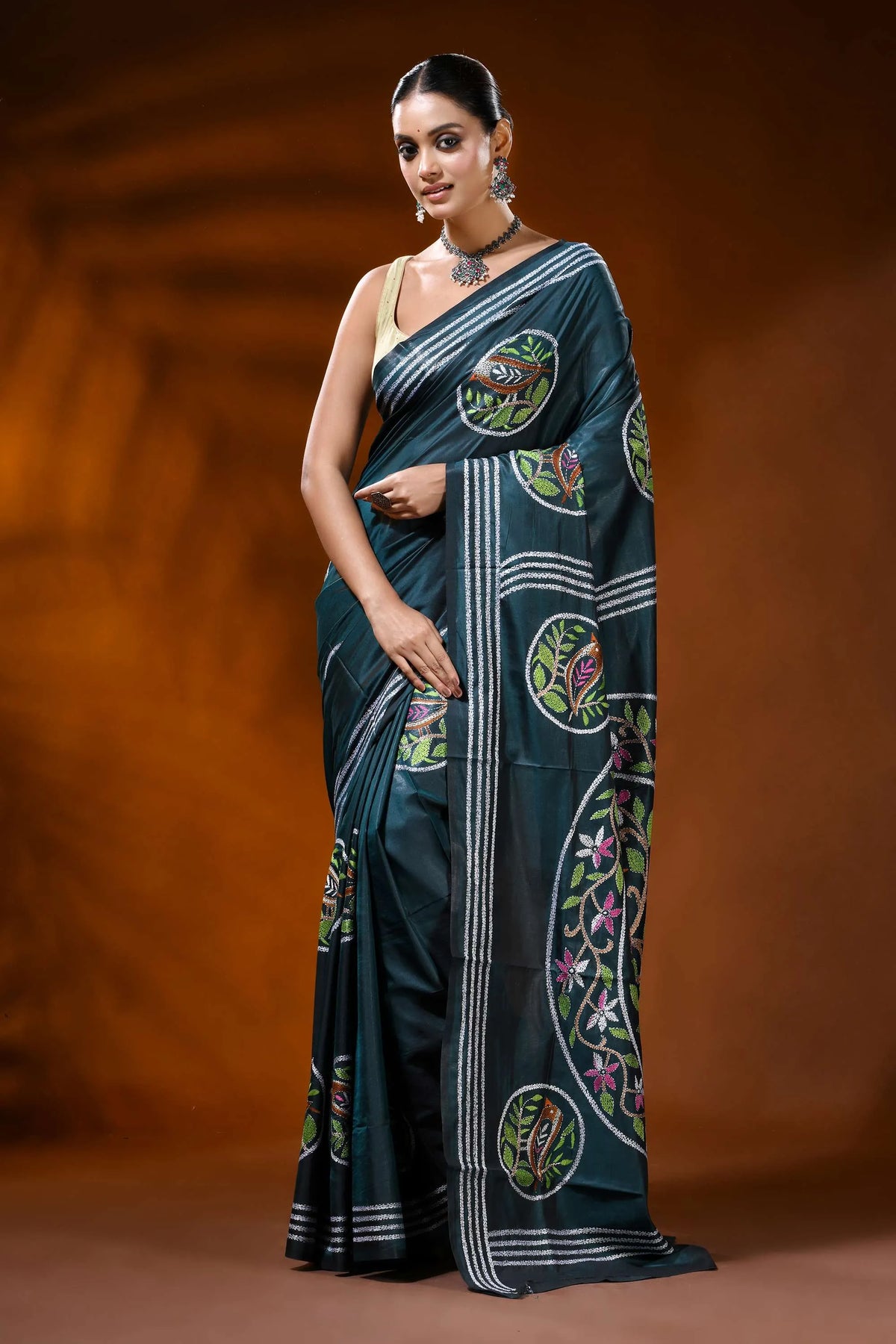 Deep teal silk kantha work saree with handcrafted bird nature motif 1
