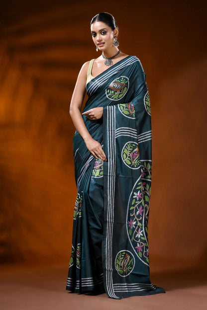 Deep teal silk kantha work saree with handcrafted bird nature motif 1