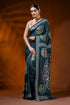 Deep teal silk kantha work saree with handcrafted bird nature motif 1