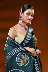 Deep teal silk kantha work saree with handcrafted bird nature motif 2