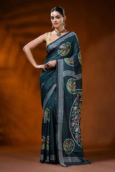 Deep teal silk kantha work saree with handcrafted bird nature motif 6