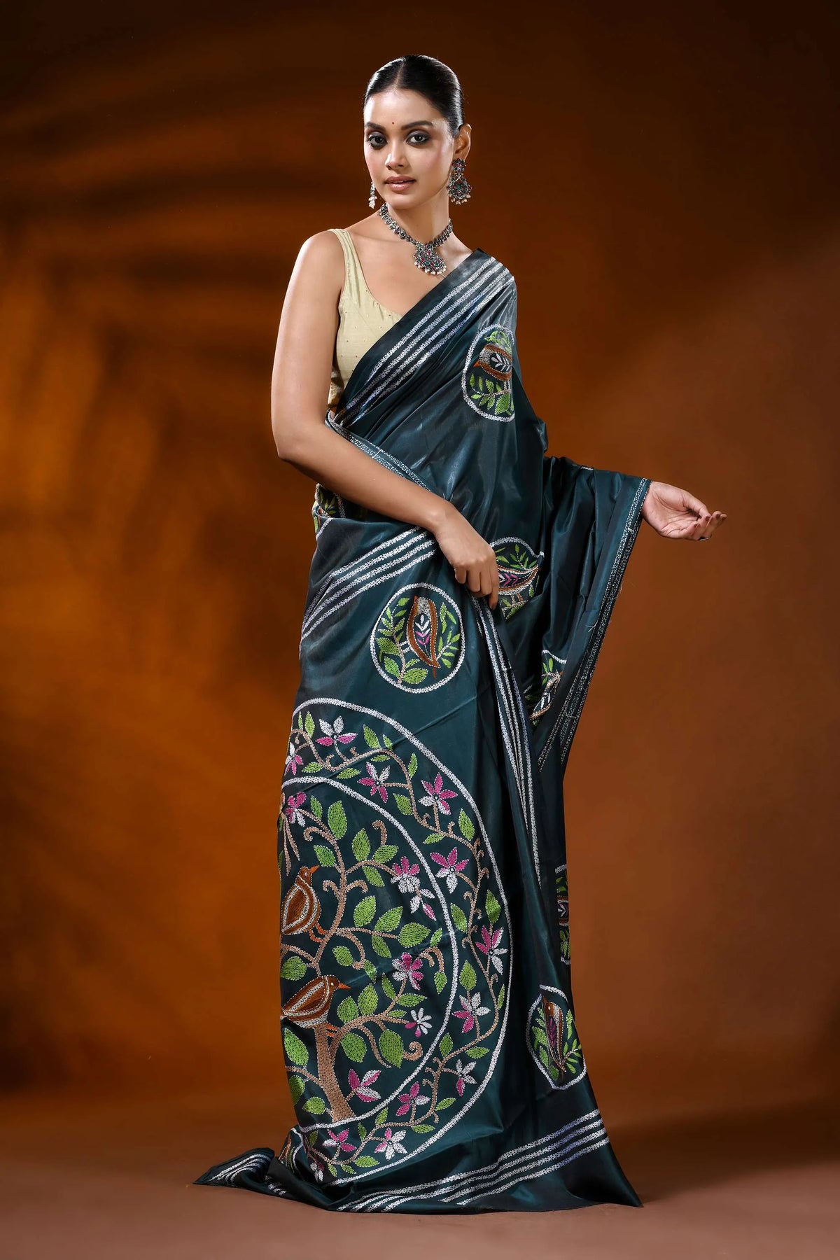 Deep teal silk kantha work saree with handcrafted bird nature motif 4