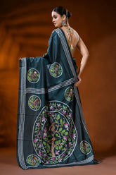 Deep teal silk kantha work saree with handcrafted bird nature motif 5