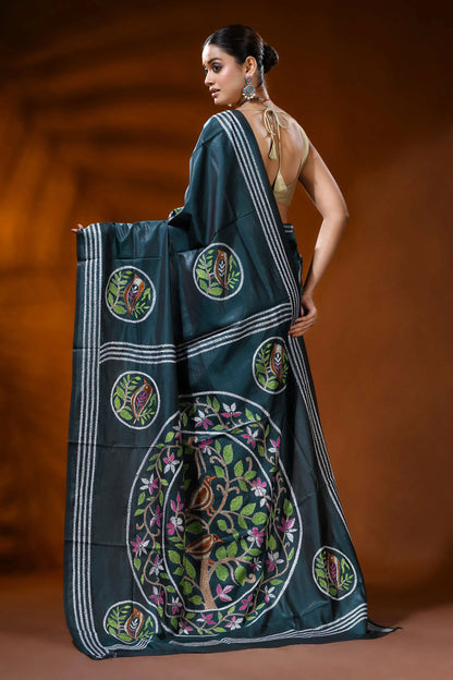 Deep teal silk kantha work saree with handcrafted bird nature motif 5