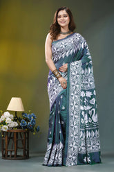 Deep teal swan design kantha embroidery silk saree woman wears teal white patterned 7