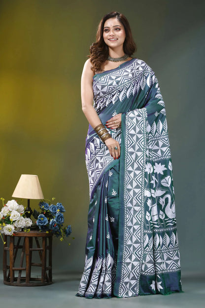 Deep teal swan design kantha embroidery silk saree woman wears teal white patterned 7