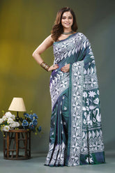 Deep teal swan design kantha embroidery silk saree woman wears teal white printed 1