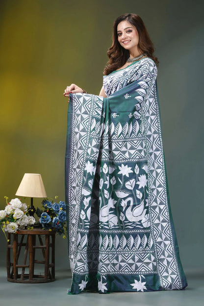 Deep teal swan design kantha embroidery silk saree woman wears green white printed 3