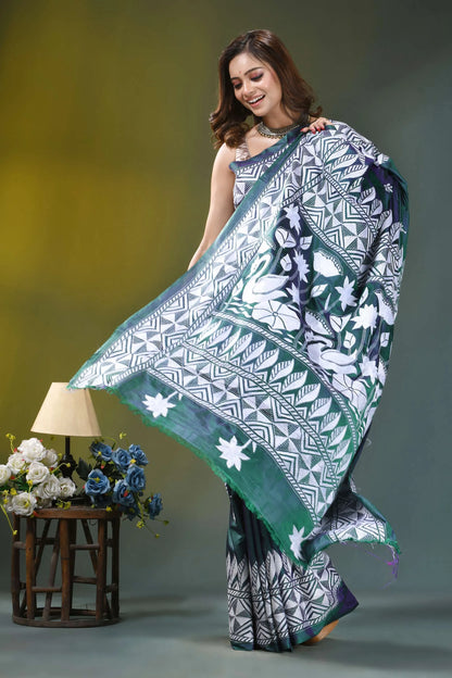 Deep teal swan design kantha embroidery silk saree woman wears dark green white 4