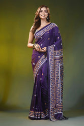 Deep violet ethnic grid pattern handmade silk gujarati stitch saree 6