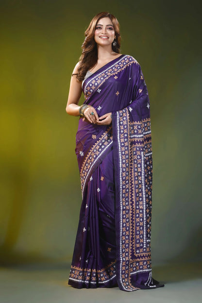 Deep violet ethnic grid pattern handmade silk gujarati stitch saree 6