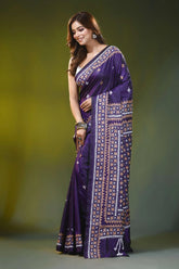 Deep violet ethnic grid pattern handmade silk gujarati stitch saree 3