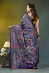 Deep violet ethnic hand embroidery kantha silk saree vibrant purple saree intricate multicolored 4