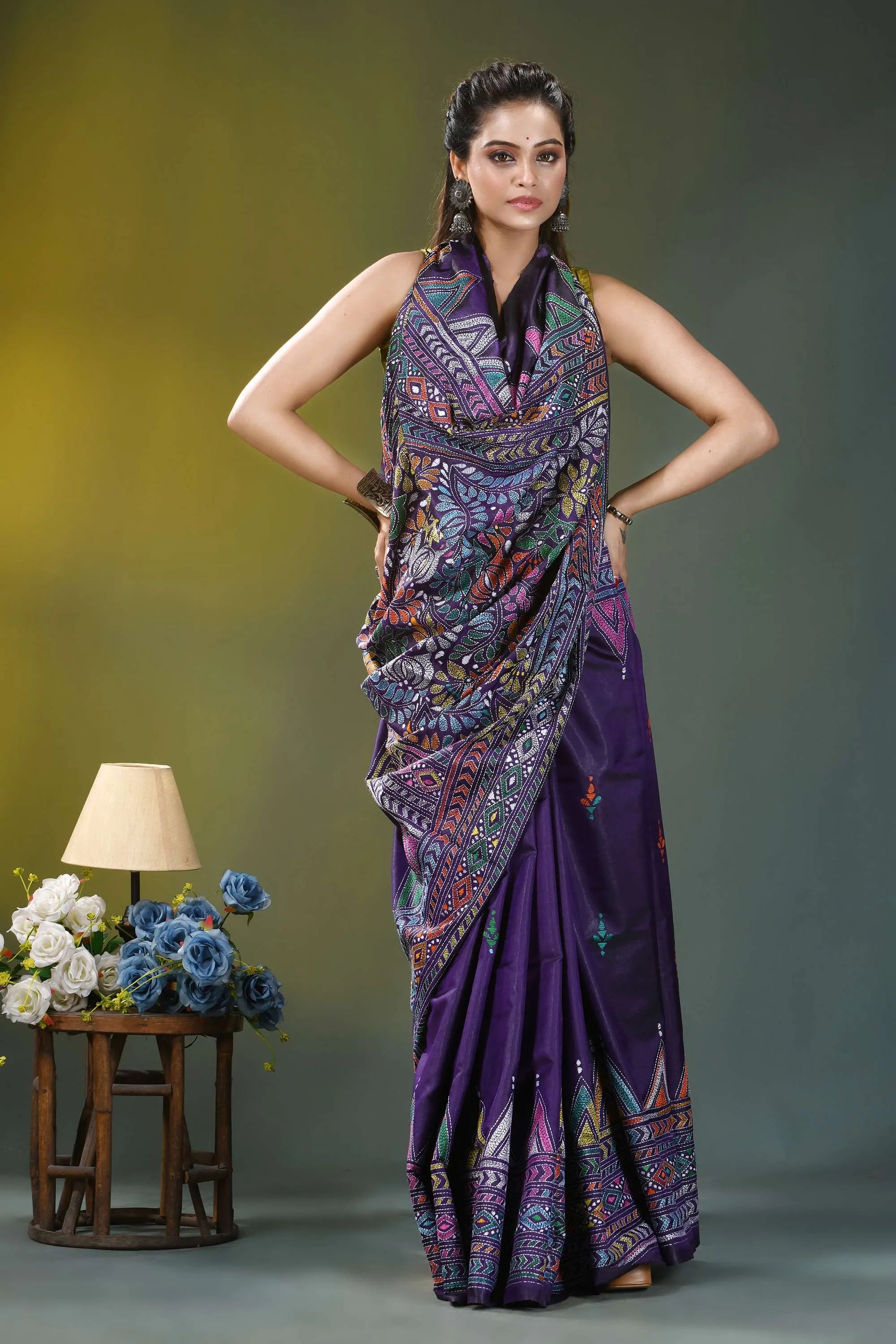 Deep violet ethnic hand embroidery kantha silk saree vibrant purple saree intricate multicolored 5