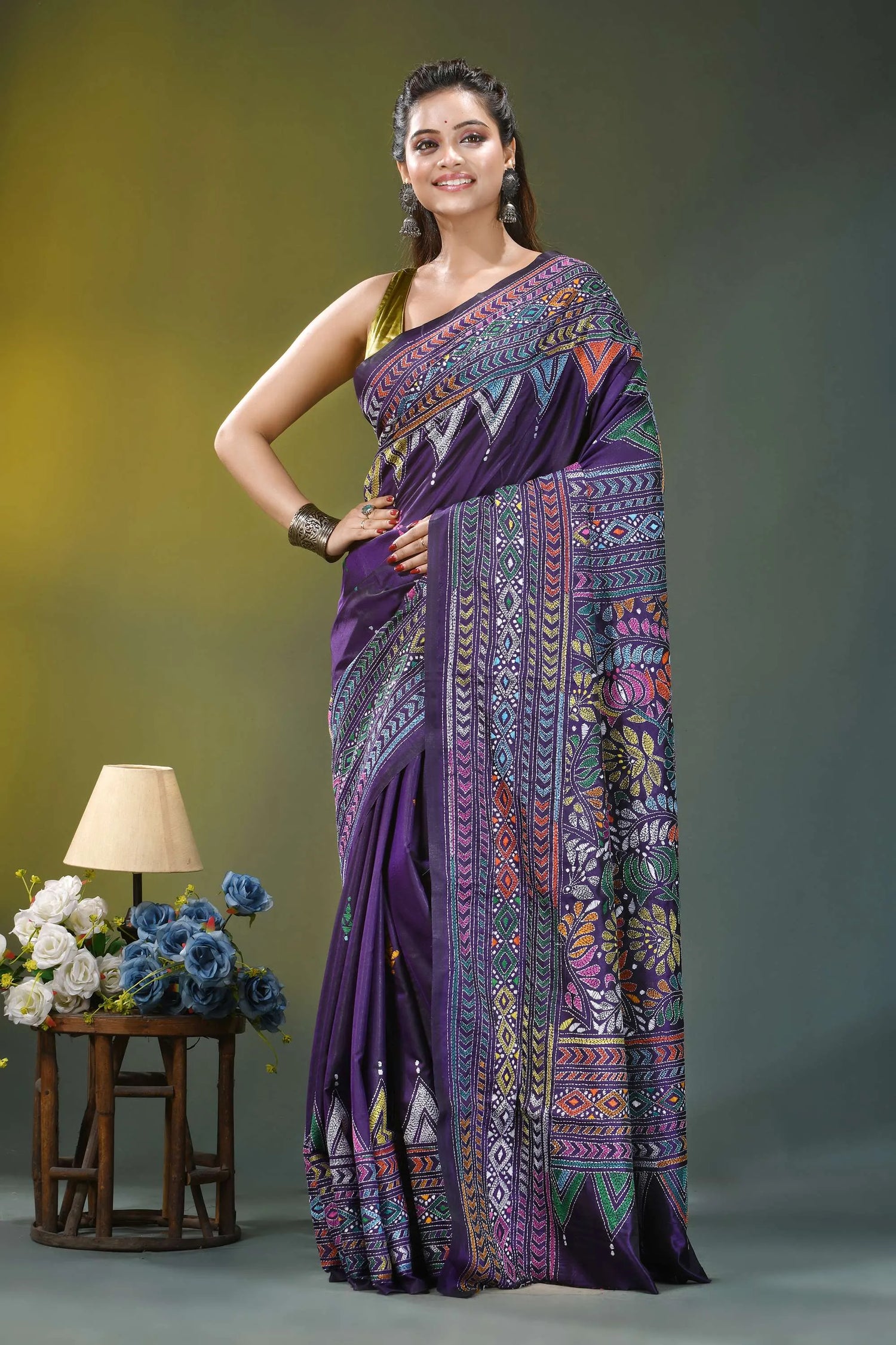 Deep violet ethnic hand embroidery kantha silk saree vibrant purple saree intricate multicolored 6