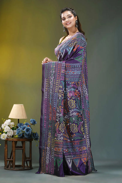 Deep violet ethnic hand embroidery kantha silk saree woman wears richly patterned purple 3