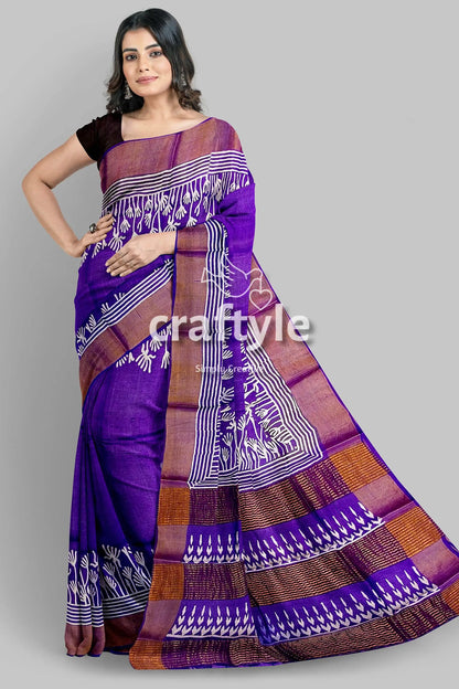 Deep violet floral motif pure tussar saree with hand block print zari border purple white patterned saree 1