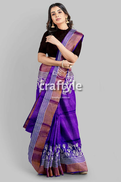Deep Violet Floral Motif Pure Tussar Saree with Hand Block Print Zari Border - Craftyle