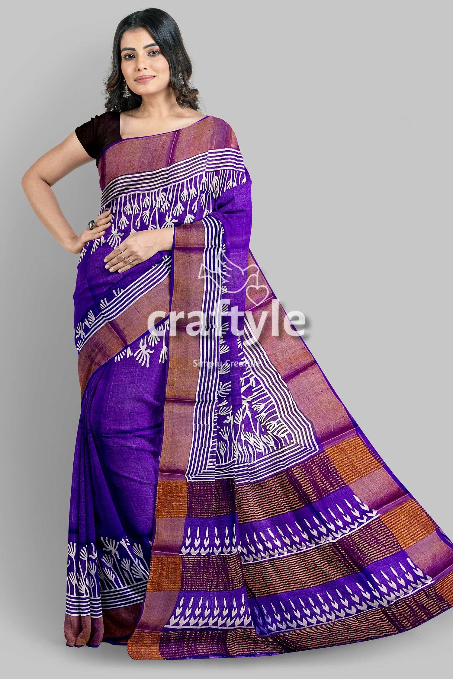 Deep Violet Floral Motif Pure Tussar Saree with Hand Block Print Zari Border - Craftyle