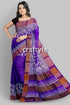 Deep Violet Floral Motif Pure Tussar Saree with Hand Block Print Zari Border - Craftyle