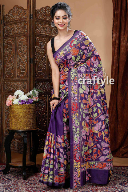 Deep Violet Silk Kantha Embroidery Saree-Craftyle